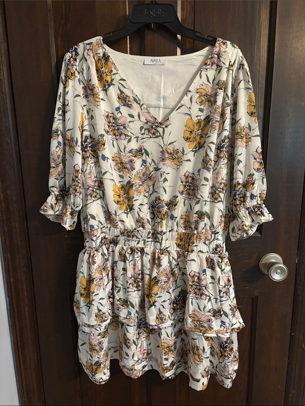 AVARA Cream Floral V-Neck Tiered Mini Dress with Yellow and Pink Flowers